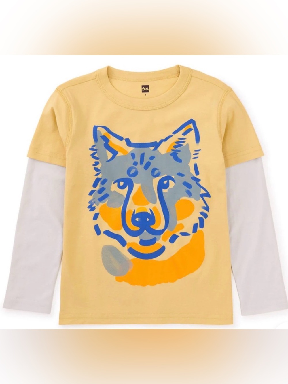 6🐺 Tea Collection Wolf Face Layered Graphic Tee Honey Mustard Yellow Watercolor